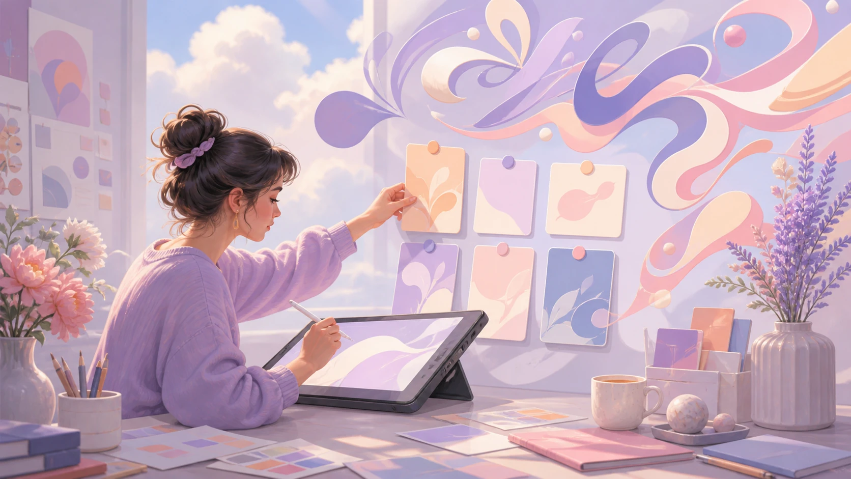 A creator arranging pastel profile cards and abstract decorative glyph shapes in a dreamy workspace