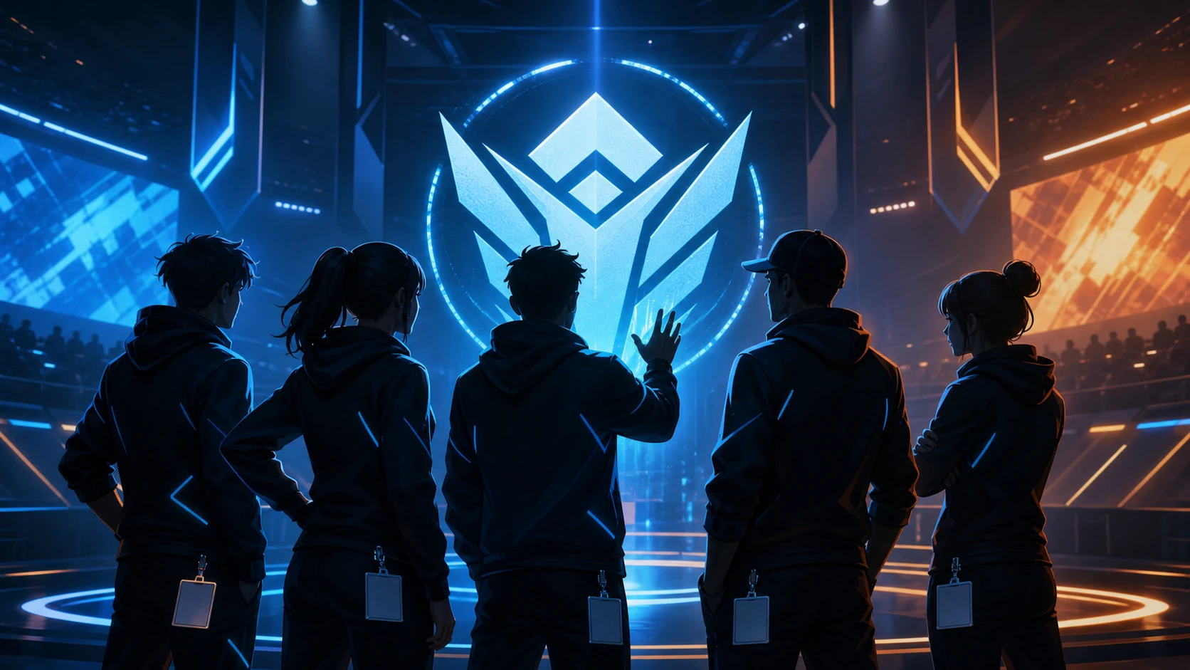 A coordinated gaming squad gathered around a shared clan emblem in an esports arena
