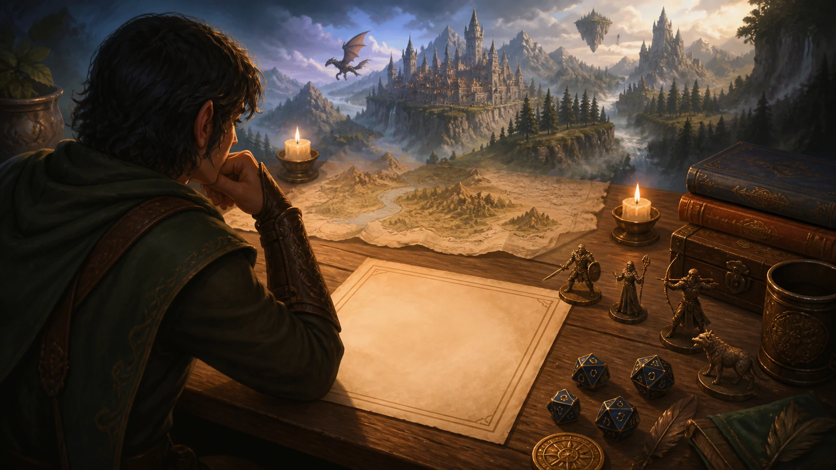 A fantasy adventurer planning a character beside a tabletop map, dice, and a blank sheet