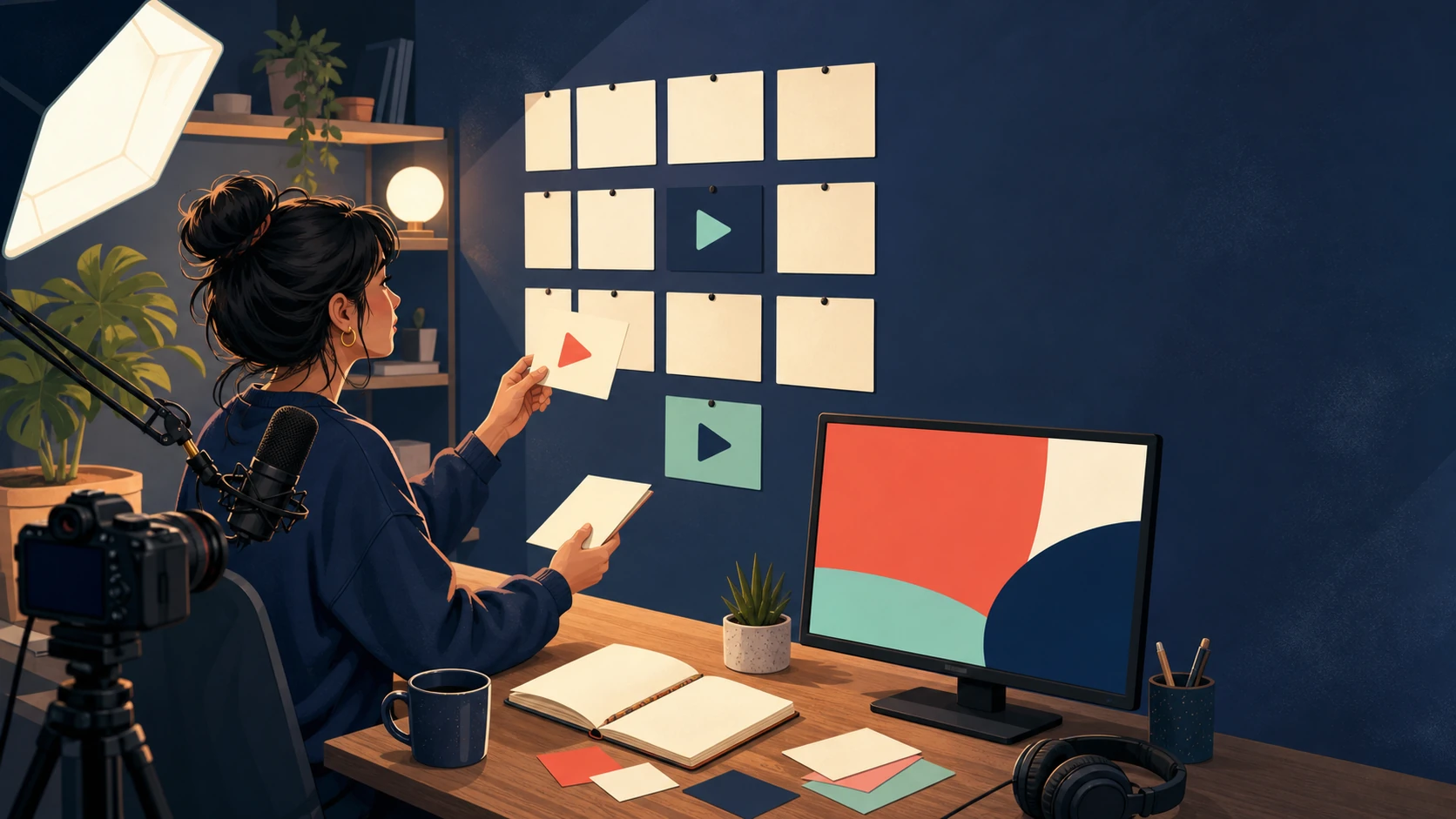 A video creator arranging blank channel identity cards in a home studio